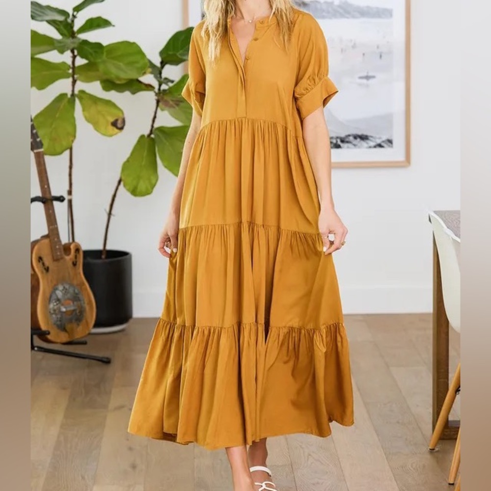 Lulu’s New Beginnings Mustard Yellow Short Sleeve Tiered Maxi Dress Sz XS
